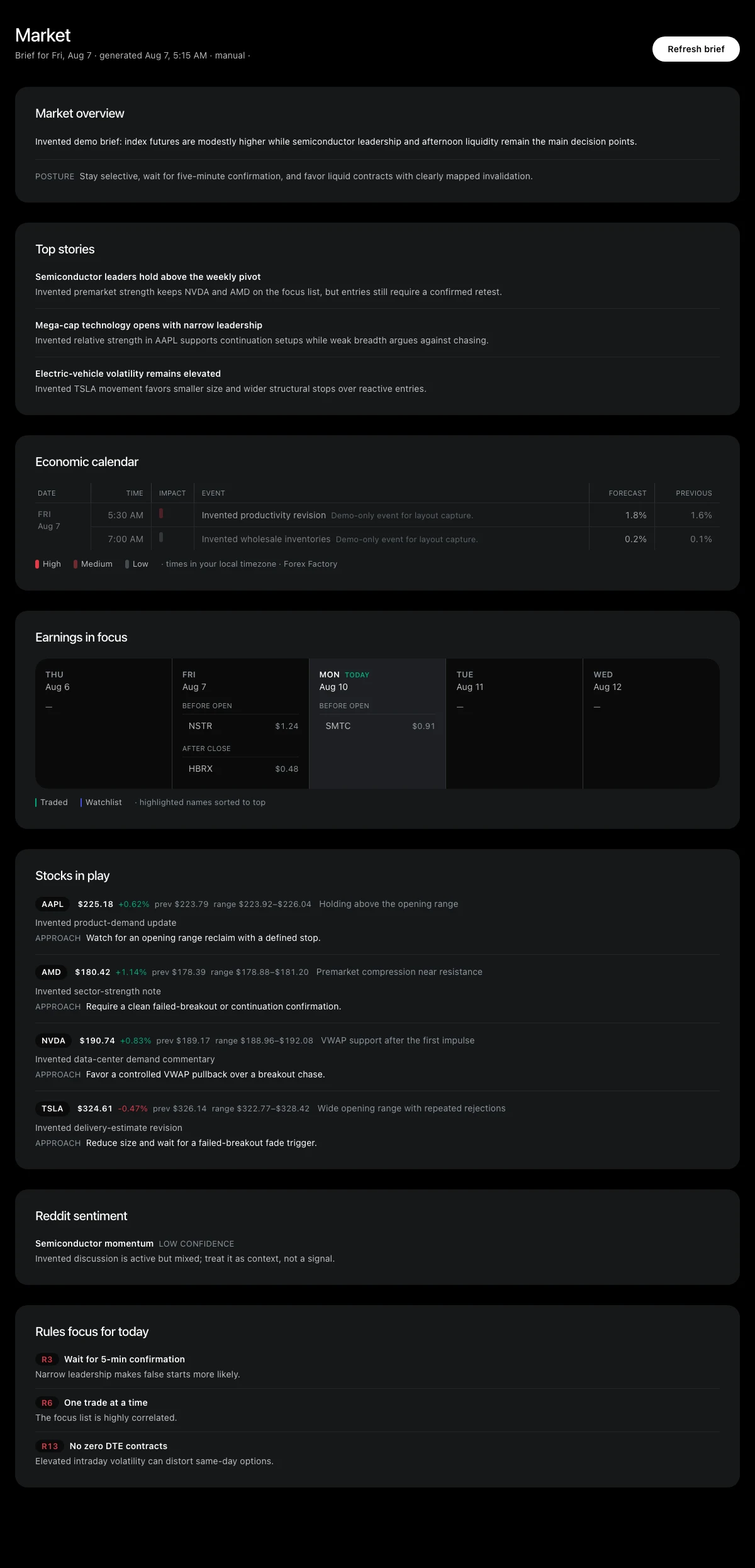 Tradelogue market brief with index snapshots, economic calendar, earnings, and top stories using demo data